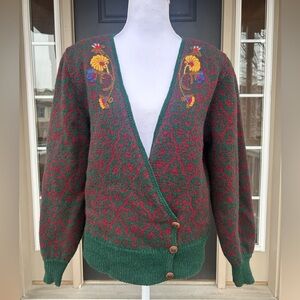 Vintage 80s Susan Bristol Wool Embroidered Floral Green Red Sweater Cottage S